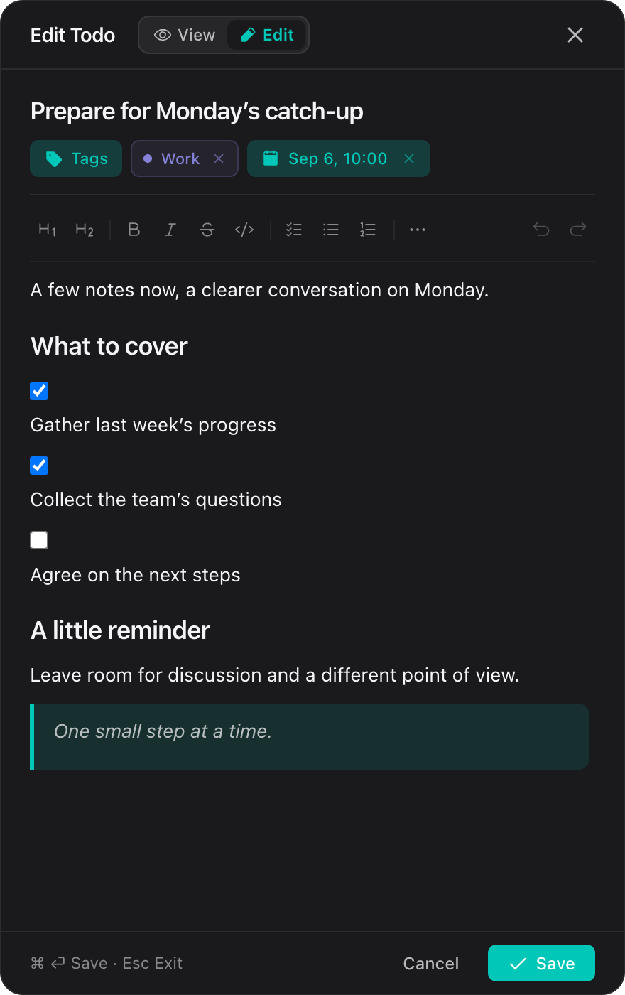 Floatick editor showing meeting preparation with headings and an interactive checklist.