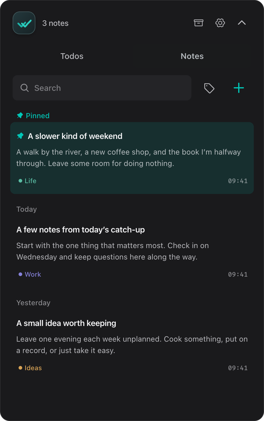 Floatick notes with a pinned weekend plan and meeting notes.