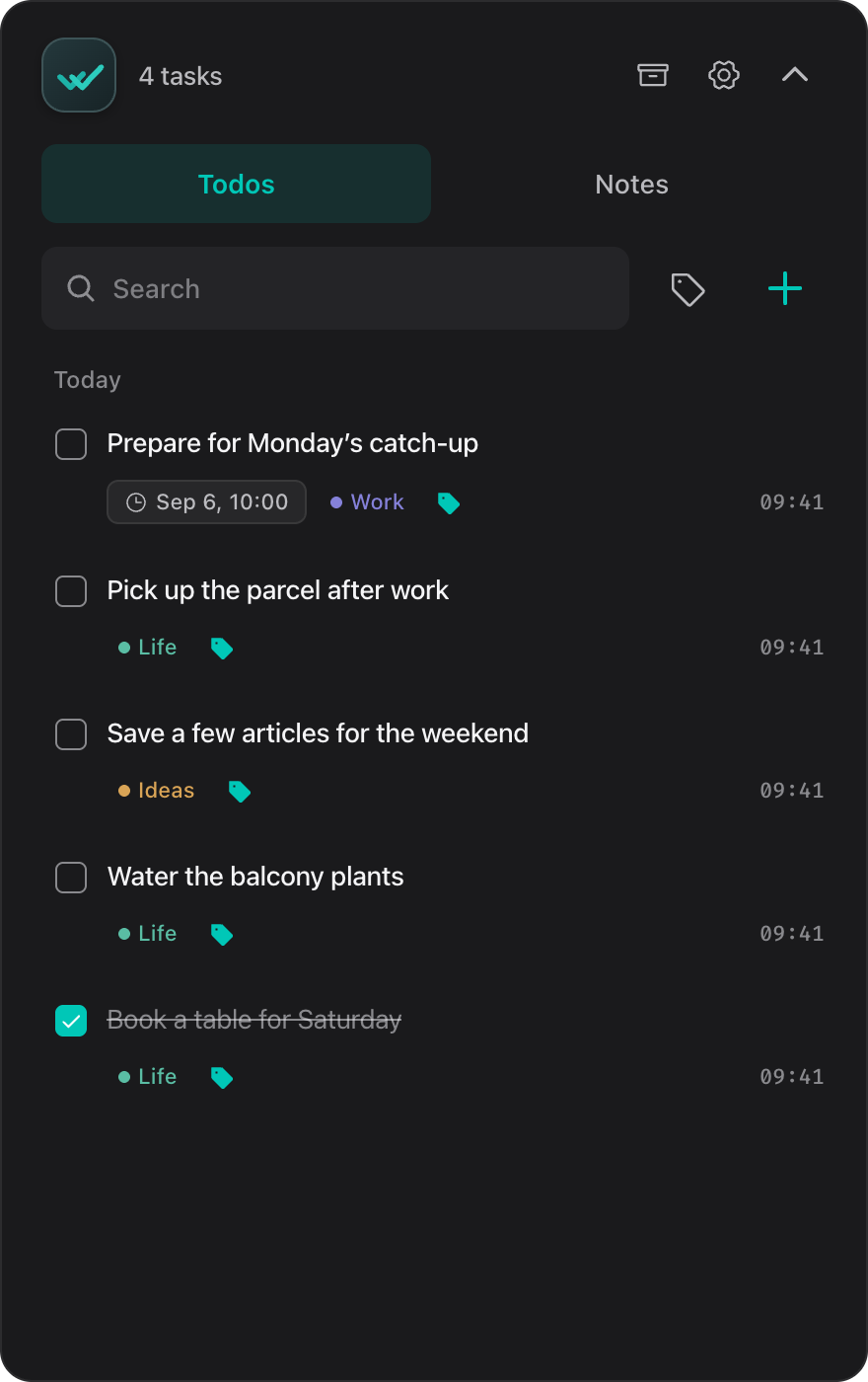 Floatick todo list with everyday tasks, due dates, and shared tags.